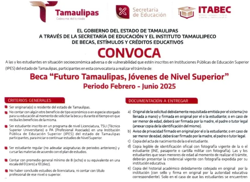 Emiten convocatoria para Beca Futuro Tamaulipas, Jóvenes de Nivel Superior