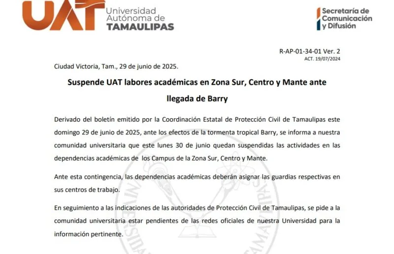 Suspende UAT labores académicas en Zona Sur, Centro y Mante ante llegada de Barry