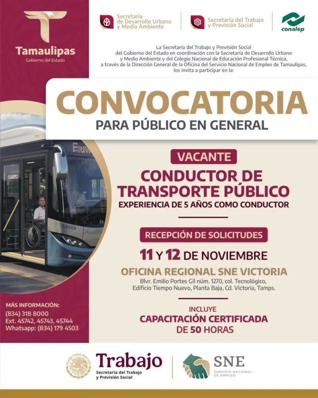 Busca STPS trabajadores para operadores de camiones de transporte público en Tamaulipas