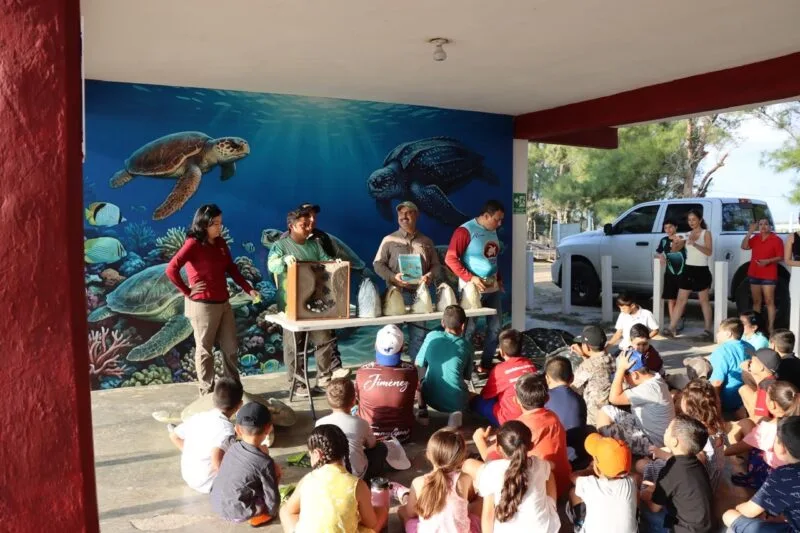 Reciben educación ambiental y conservación de especies niñas, niños y familias en el Campamento Tortuguero de La Pesca